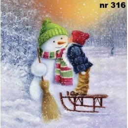 Child kissing snowman servet 33x33cm