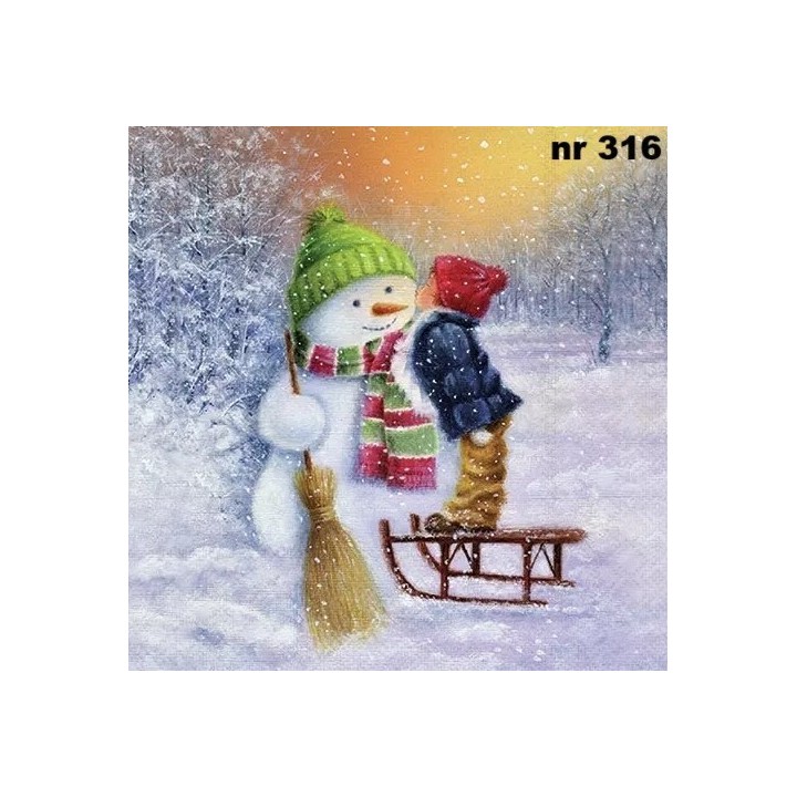 Child kissing snowman servet 33x33cm