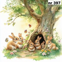 Rabbits family in tree servet 33x33cm