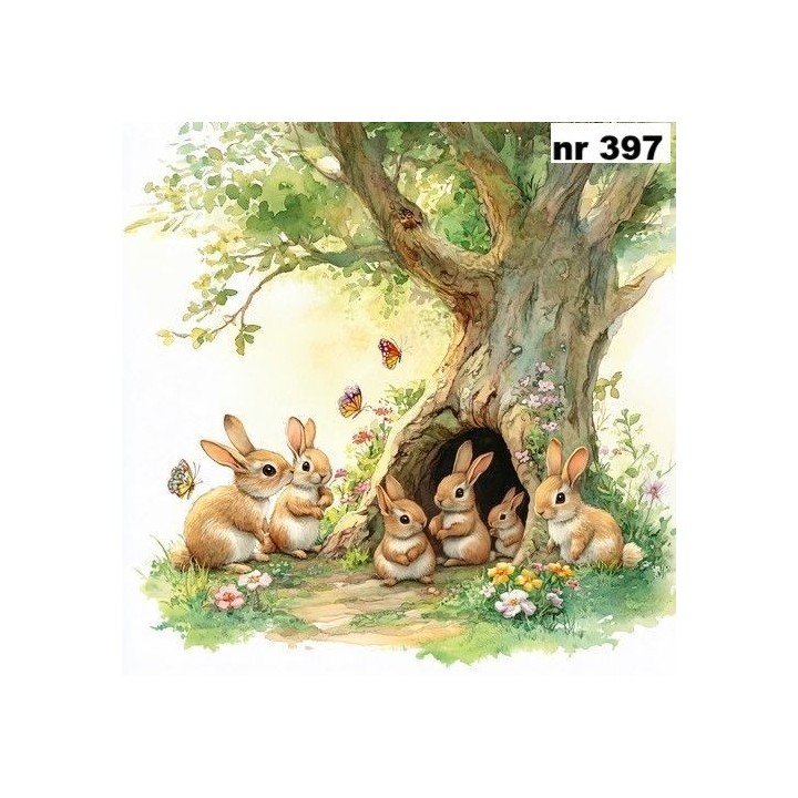 Rabbits family in tree servet 33x33cm