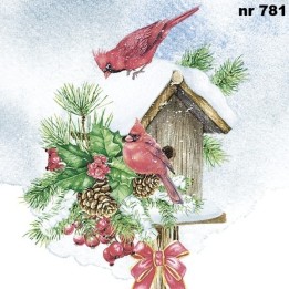 Birdhouse with red cardinals servet 33x33cm