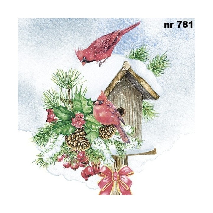 Birdhouse with red cardinals servet 33x33cm
