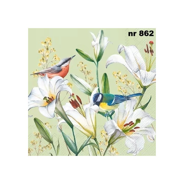 Birds in lilies servet 33x33cm