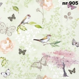 Birds and butterflies green servet 33x33cm