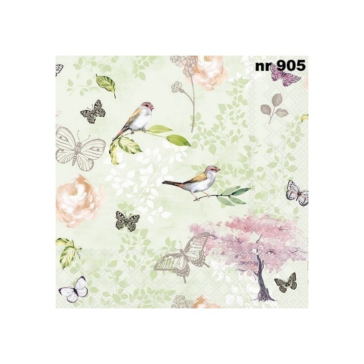Birds and butterflies green servet 33x33cm