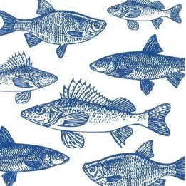 Graphic fishes navy servet 33x33cm