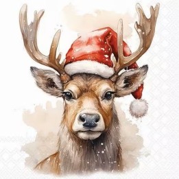 Deer with santa hat white servet 33x33cm