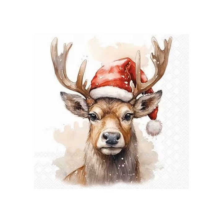 Deer with santa hat white servet 33x33cm