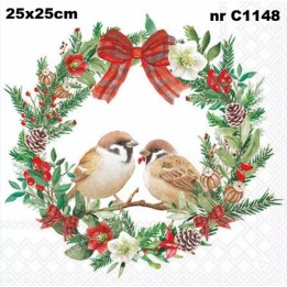 Sparrows in wreath servet 25x25cm