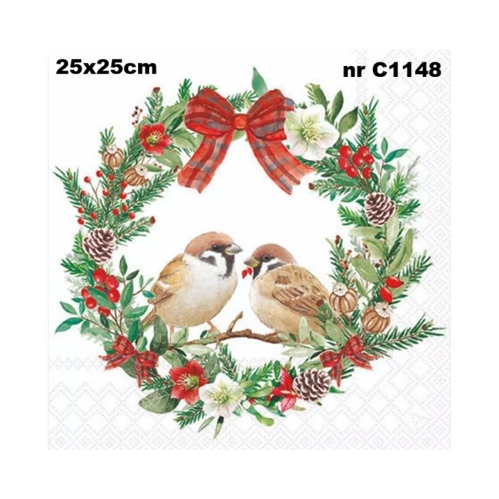 Sparrows in wreath servet 25x25cm
