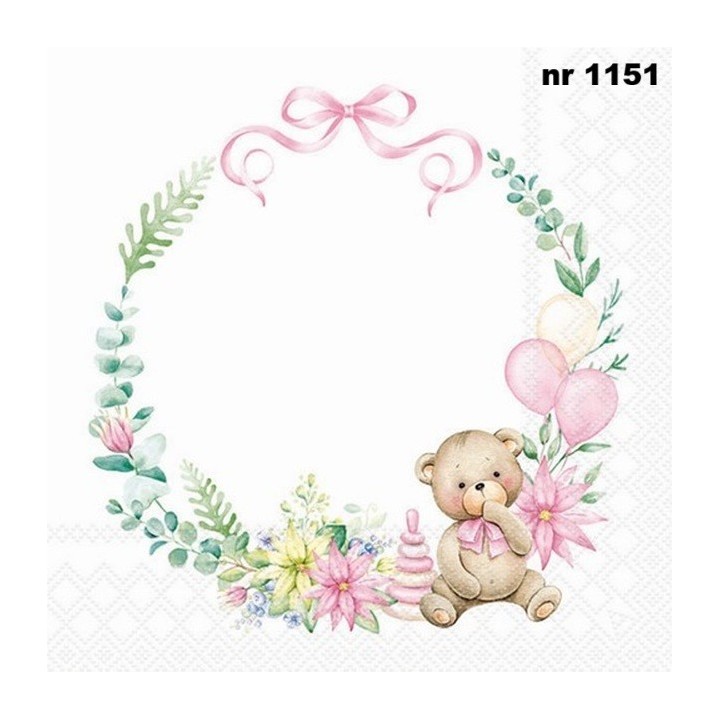 Baby teddy bear pink servet 33x33cm