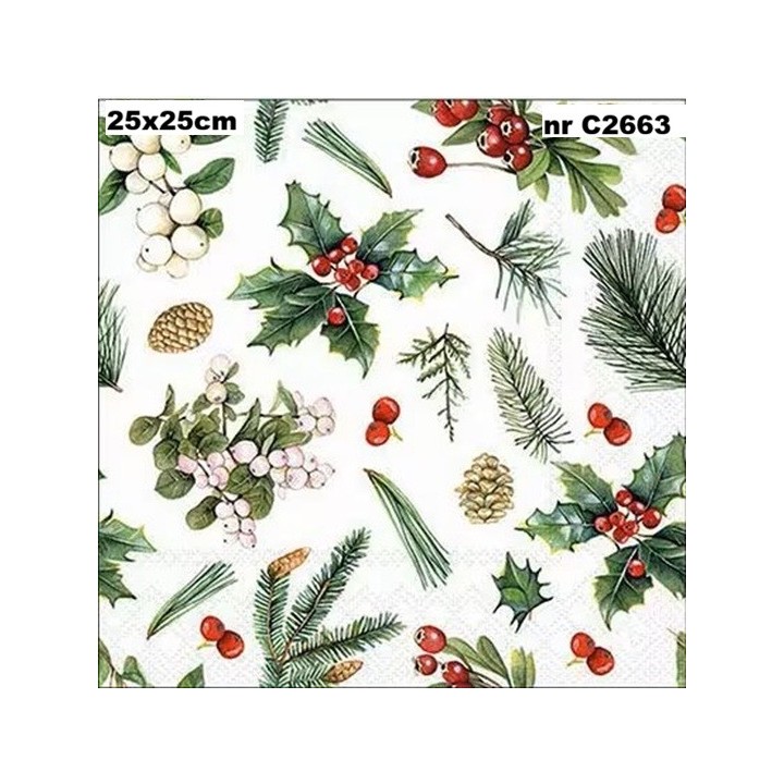 Winter Greenery white servet 25x25cm
