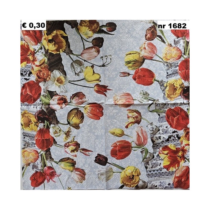 Bloemstilleven met Tulpenvaas, Roman Reisinger servet 33x33cm