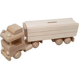 Houten vrachtwagen met oplegger spaarpot 31x6