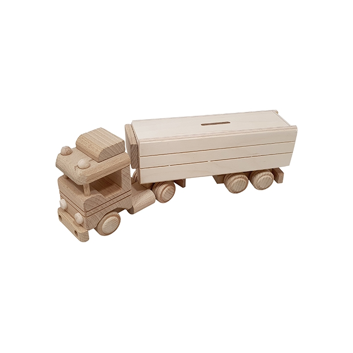 Houten vrachtwagen met oplegger spaarpot 31x6