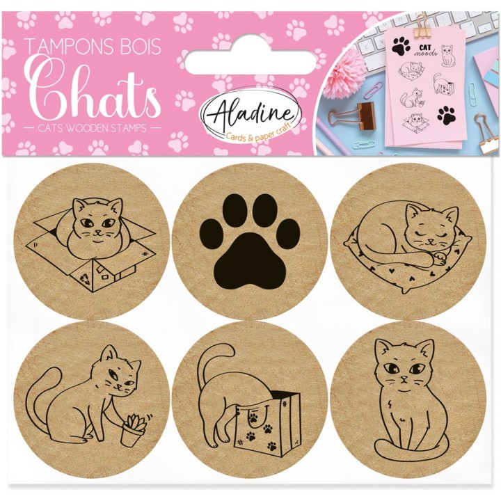 Aladine Ronde Houten Stempels Katten 6 stuks