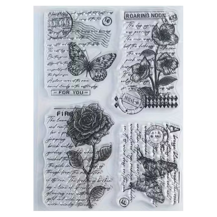 Clear stempel bloemen, vlinders en brieven 11x16cm