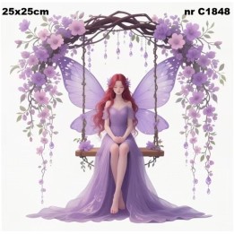 Fairy on swing in purple servet 25x25cm