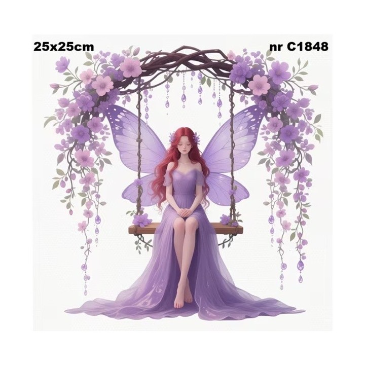 Fairy on swing in purple servet 25x25cm