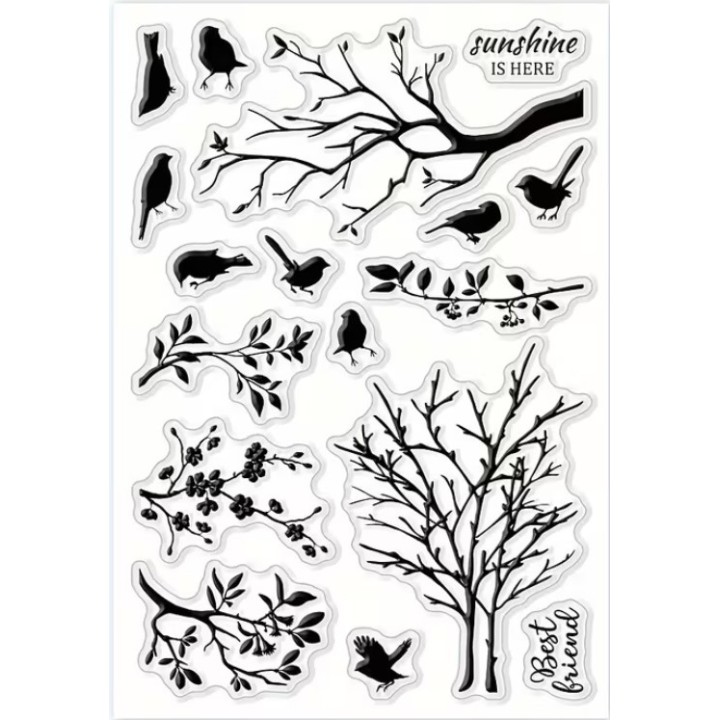 Clear stempel trees and birds 11x16cm