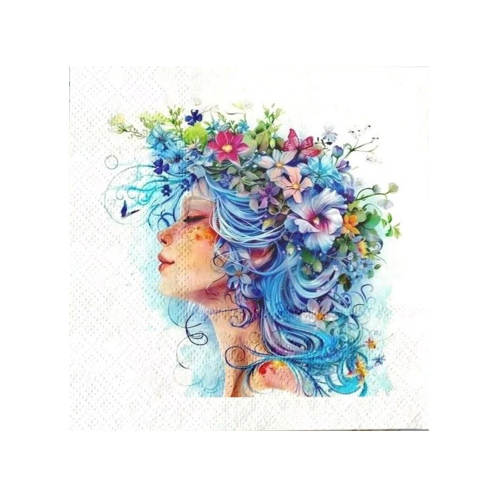 Gezicht met bloemen blauw servet 33x33cm