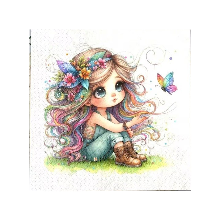 Meisje met regenbooghaar servet 33x33cm