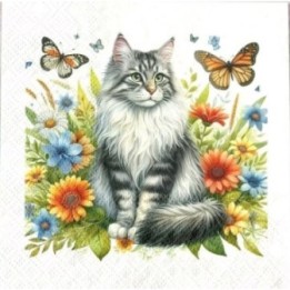 Kat omringd door bloemen en vlinders servet 33x33cm