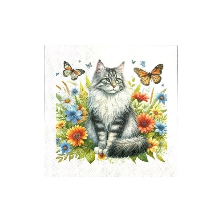 Kat omringd door bloemen en vlinders servet 33x33cm