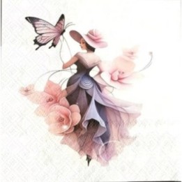 Vrouw met roze bloemen jurk en vlinder servet 33x33cm