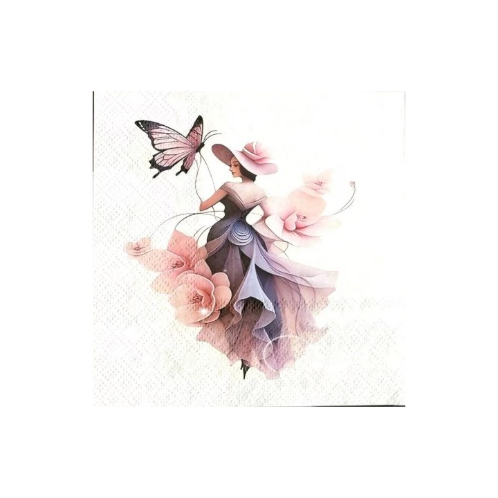 Vrouw met roze bloemen jurk en vlinder servet 33x33cm