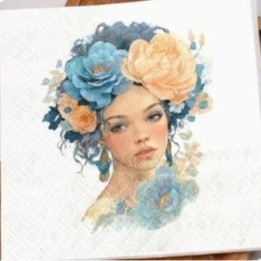 Vrouw met blauwe en oranje bloemen servet 33x33cm