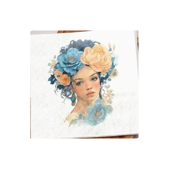 Vrouw met blauwe en oranje bloemen servet 33x33cm