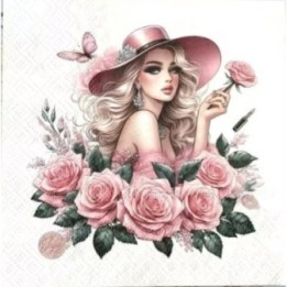 Vrouw met hoed en roze rozen servet 33x33cm