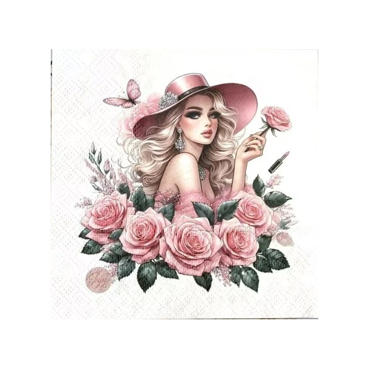 Vrouw met hoed en roze rozen servet 33x33cm