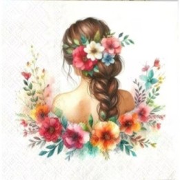 Vrouw met vlecht met bloemen servet 33x33cm