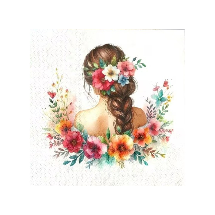 Vrouw met vlecht met bloemen servet 33x33cm