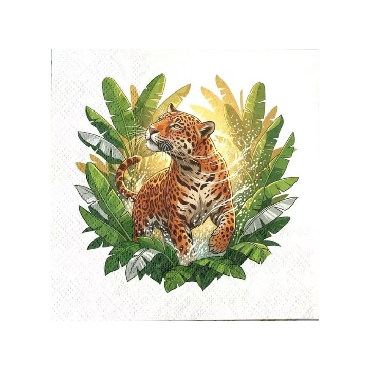 Luipaard omringd door bladeren servet 33x33cm