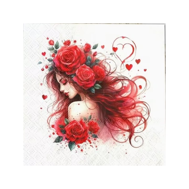 Vrouw met rood haar met rode rozen servet 33x33cm
