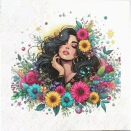 Vrouw met zwart haar omringd door kleurrijke bloemen servet 33x33cm