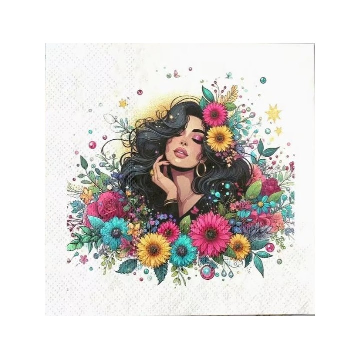 Vrouw met zwart haar omringd door kleurrijke bloemen servet 33x33cm