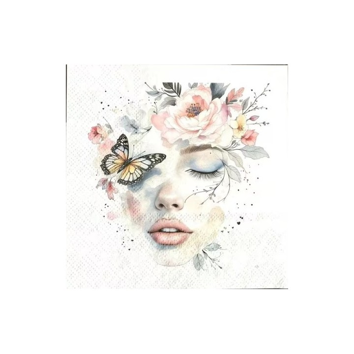 Vrouw met vlinder en pastel bloemen servet 33x33cm