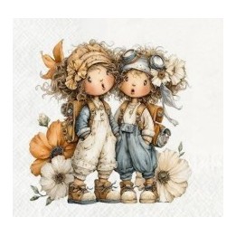 2 meisjes met bloemen servet 33x33cm