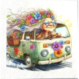 Hippie oma in VW bus servet 33x33cm