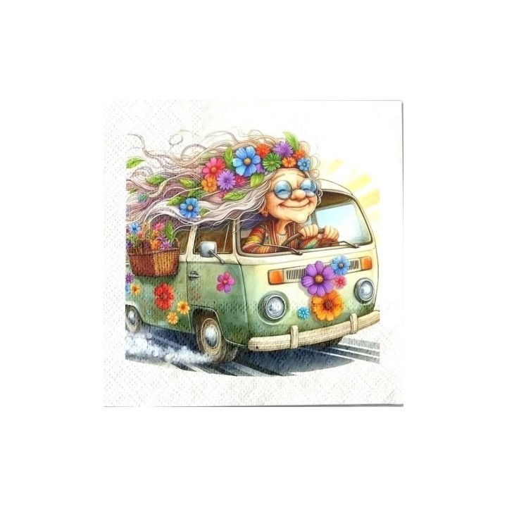 Hippie oma in VW bus servet 33x33cm