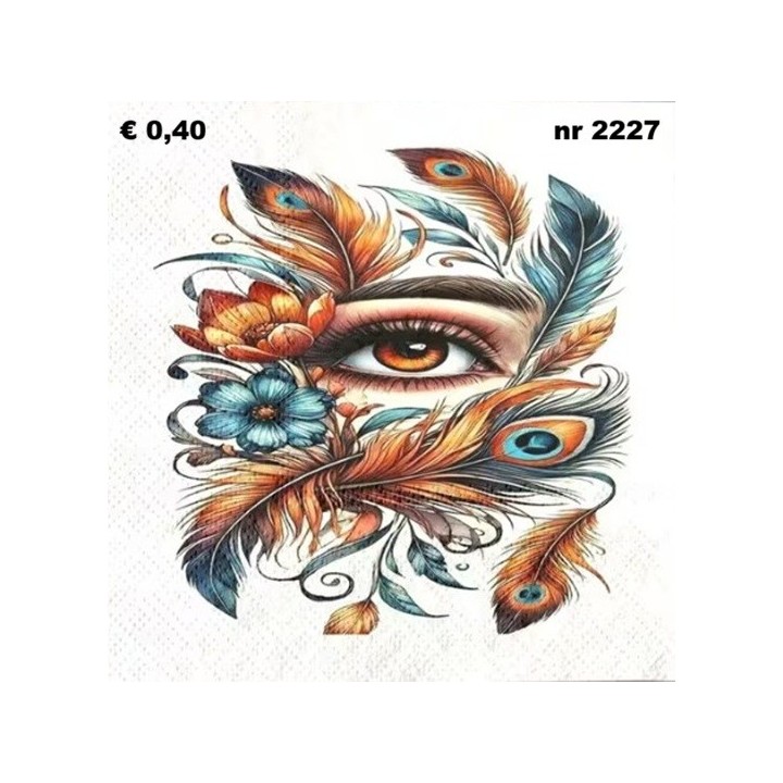 Oog met veren servet 33x33cm